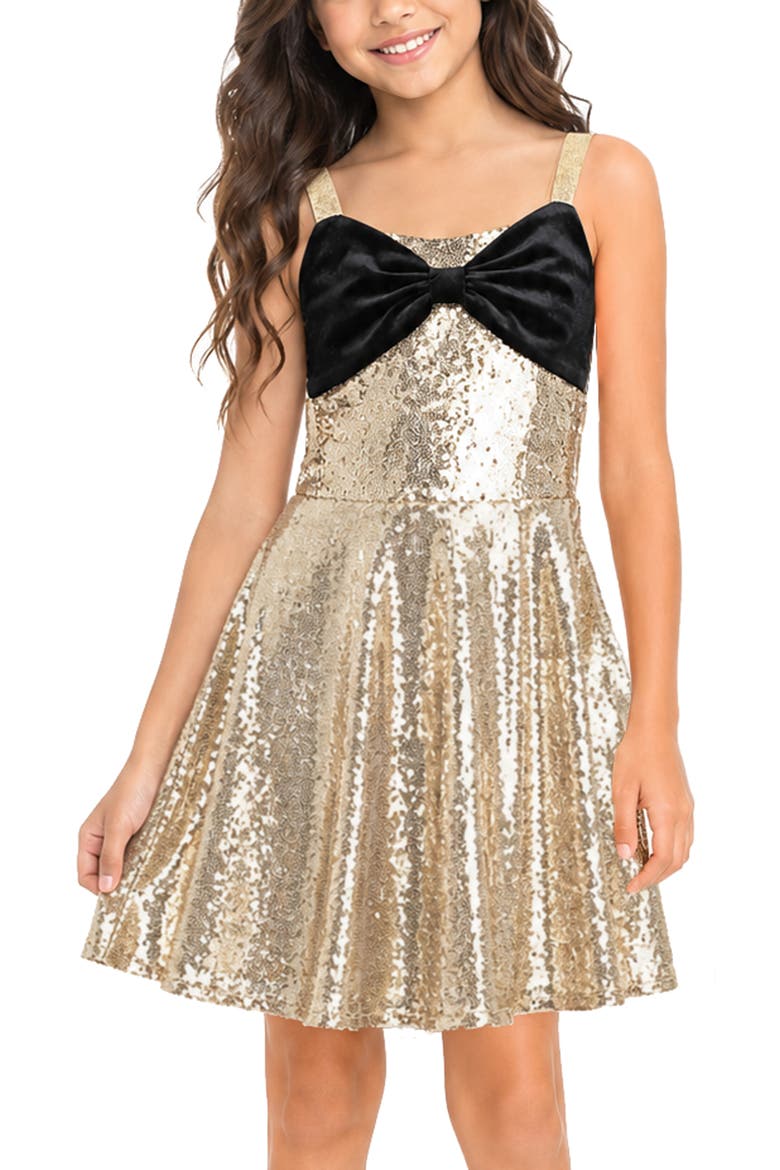 Kids' Sequin Bow Fit & Flare Dress, Alternate, color, GOLD