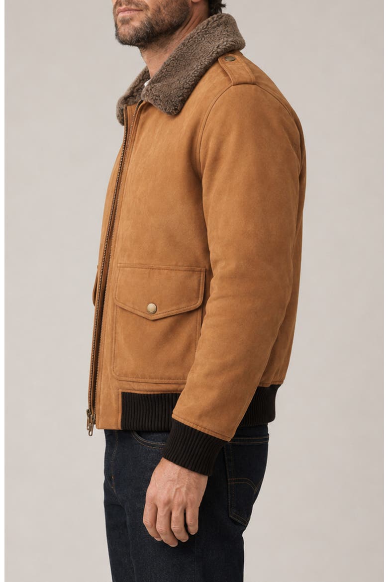 Suede Flight Jacket with Genuine Shearling Collar, Alternate, color, MIDDLE BROWN