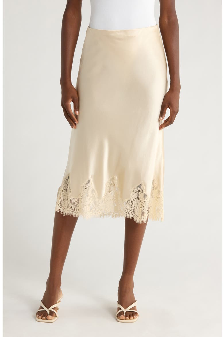 Carolina Lace Trim Silk Midi Skirt, Main, color, ALMOND