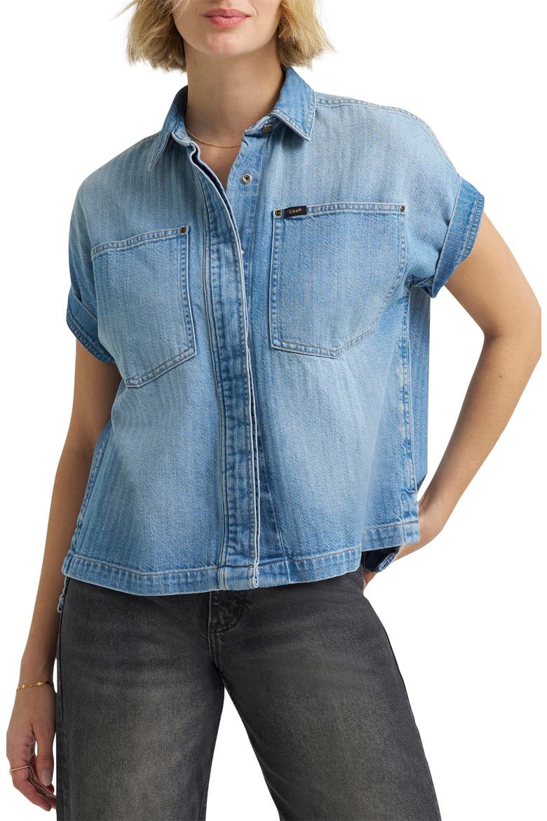Roll Sleeve Denim Utility Shirt, Main, color, STALLED OUT