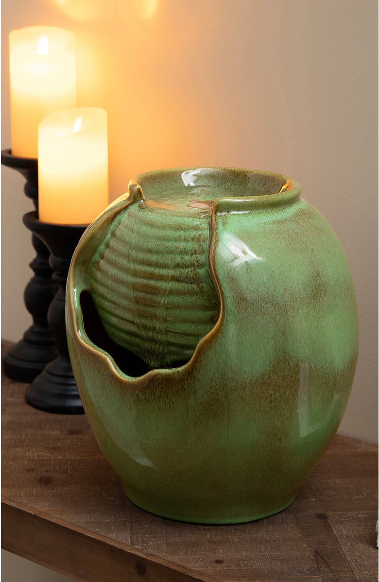 Glitzhome Ceramic Sage Green Pot Table Fountain with Pump, Alternate, color, Green