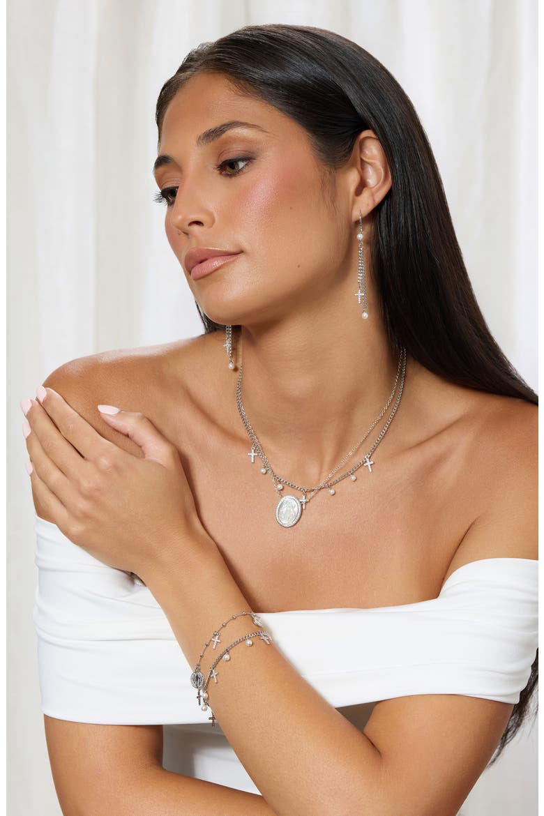 Imitation Pearl Pavé Cross Necklace, Alternate, color, SILVER