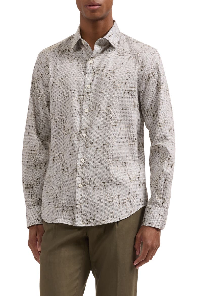 Julian Shaped Fit Abstract Geo Print Stretch Cotton Button-Up Shirt, Main, color, KHAKI