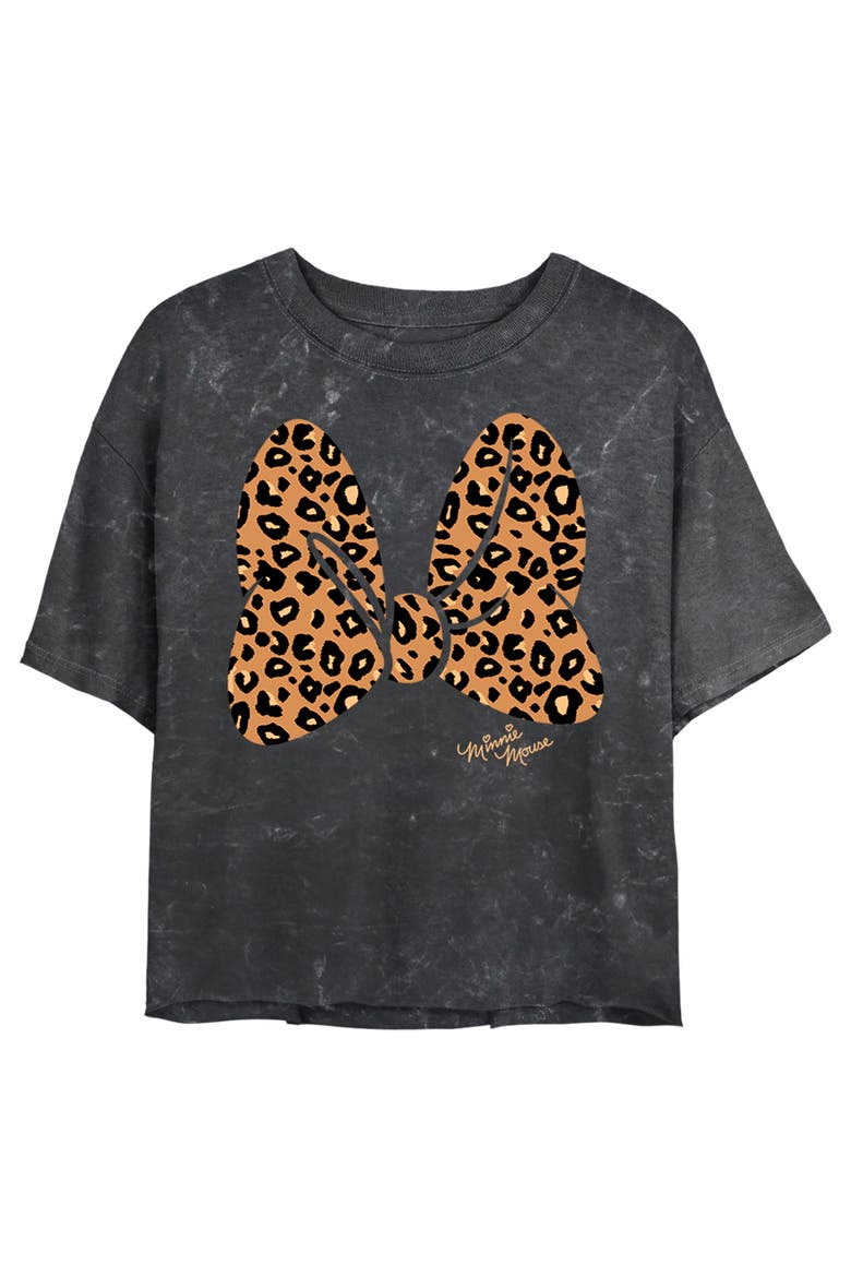 Junior's Mickey & Friends Cheetah Print Minnie Mouse Bow  Graphic T-Shirt, Main, color, Black