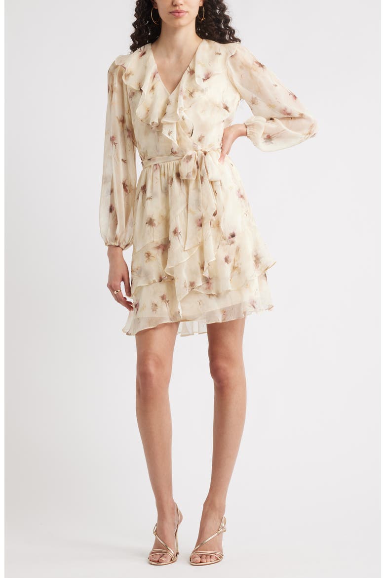 Floral Ruffle Trim Long Sleeve Chiffon Minidress, Main, color, BEIGE FLORAL
