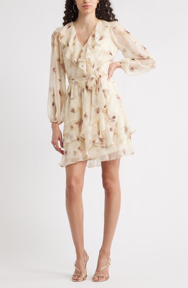 Chelsea28 Floral Ruffle Trim Long Sleeve Chiffon Minidress, Main, color, Beige Floral