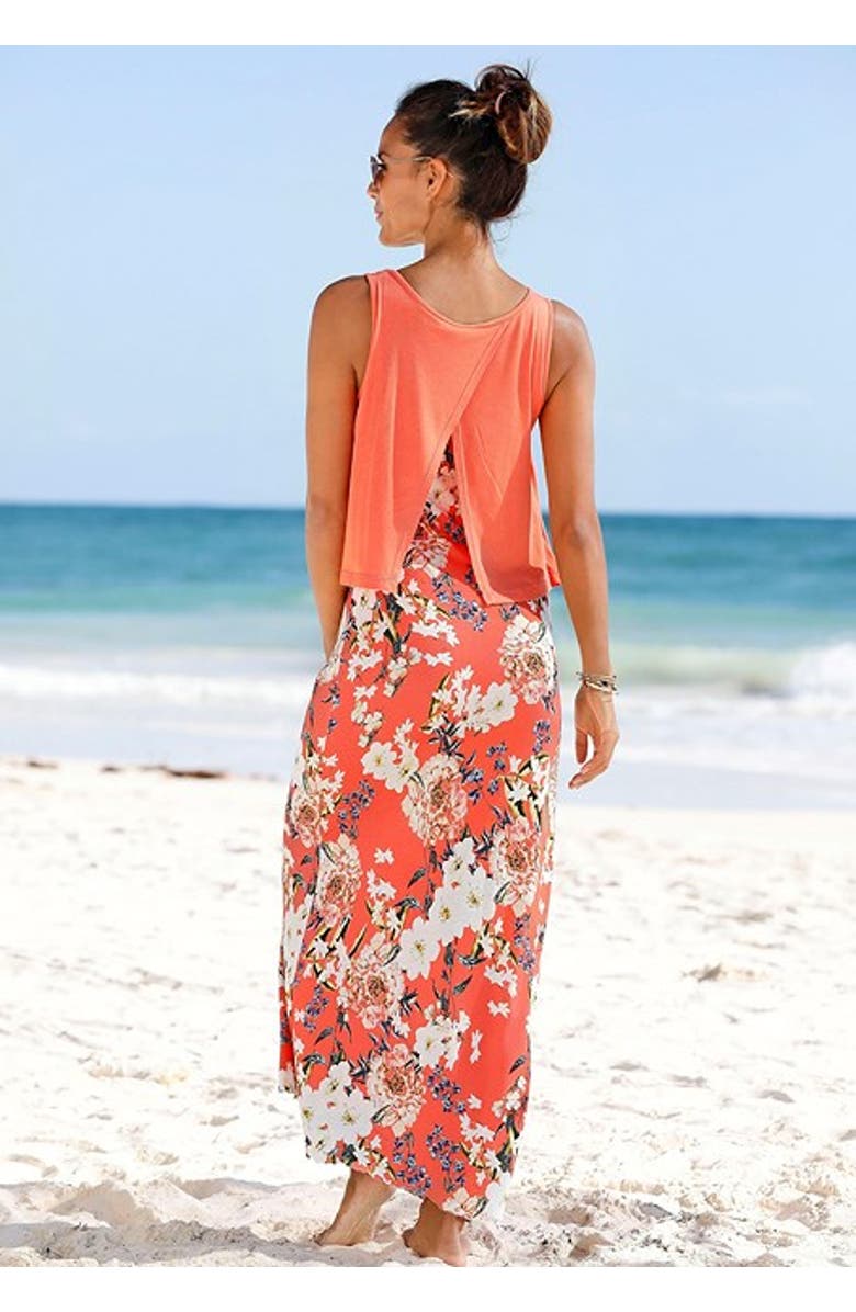 LASCANA Women's Layered Look Maxi Dress, Alternate, color, Coral-Patterned