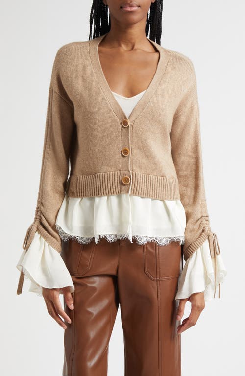 Cinq À Sept Atley Lace Trim Mixed Media Cardigan In Neutral