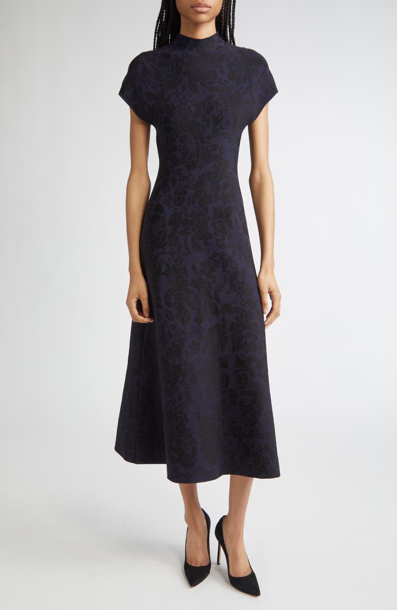 Lela Rose Mock Neck Floral Jacquard Midi Dress, Main, color, Navy/ Black