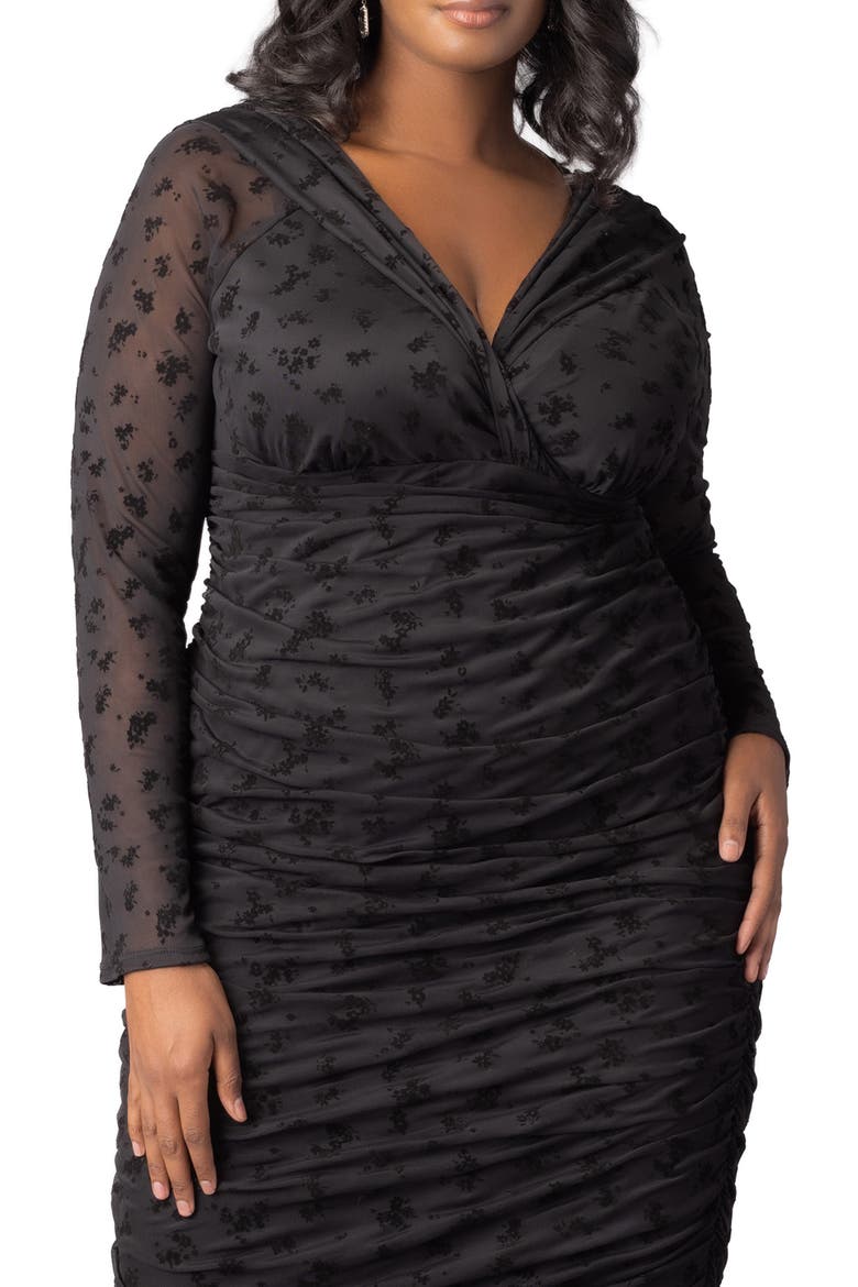 Betsey Ruched Elbow Sleeve Midi Bodycon Dress, Alternate, color, ONYX FLOCKED FLORALS