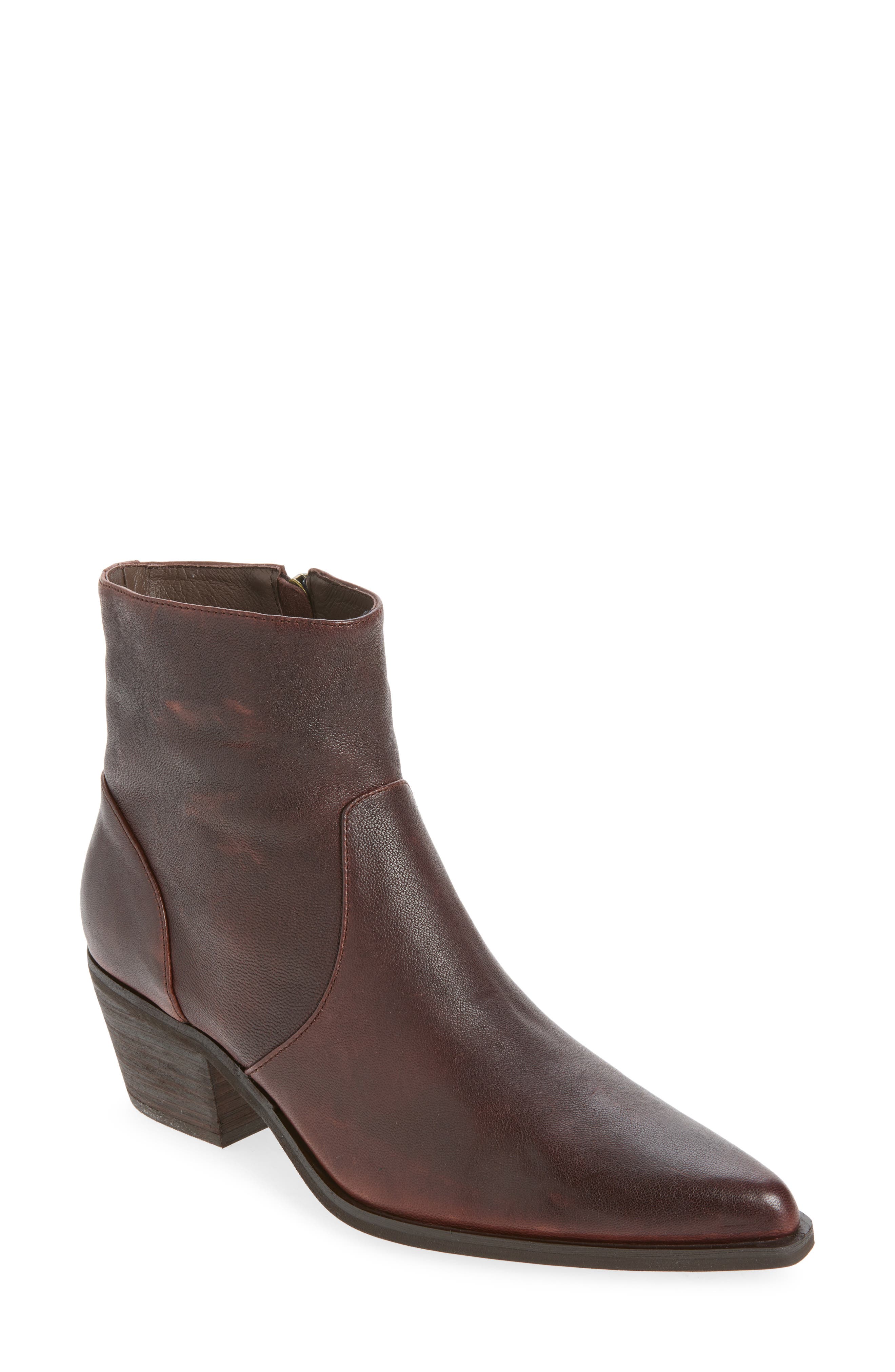 Che Pointed Toe Leather Bootie, Main, color, DARK BROWN LEATHER