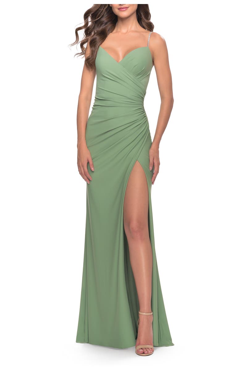 La Femme Long Ruched Jersey Gown with V-Neckline, Alternate, color, Sage
