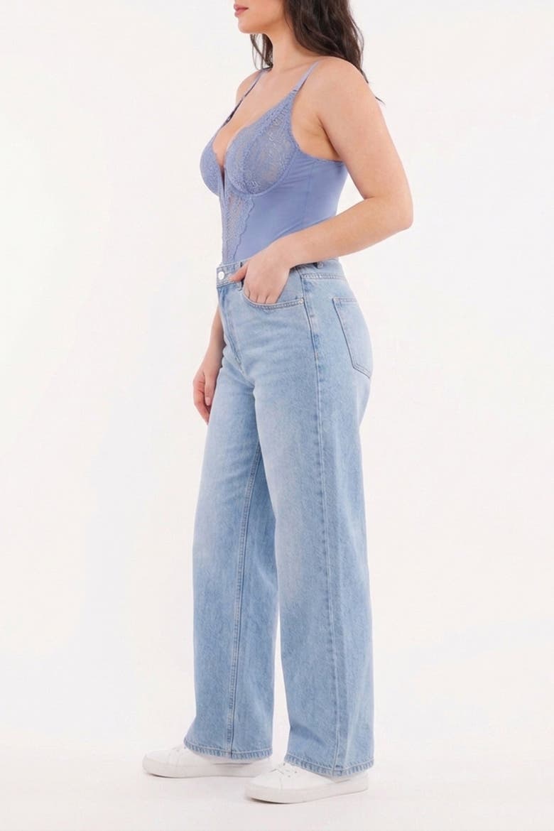 Plus Size Shapewear Lace Deep V-Neck Sculpting Thong Bodysuit, Alternate, color, Baby Blue