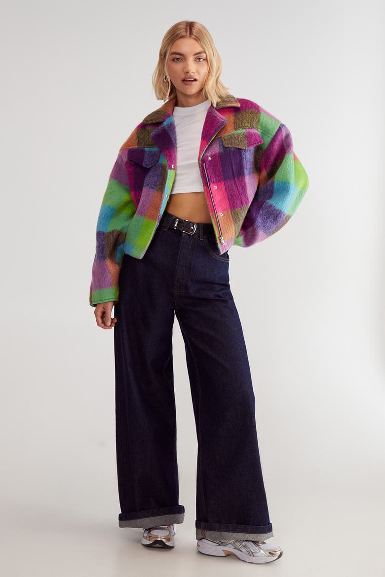 Check Wool Blend Trucker Jacket, Alternate, color, Multi