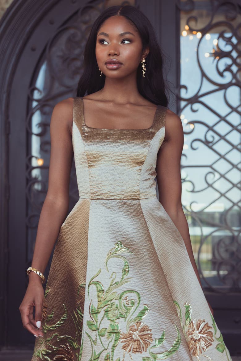 Embroidered Floral Jacquard A-Line Midi Dress, Alternate, color, Gold
