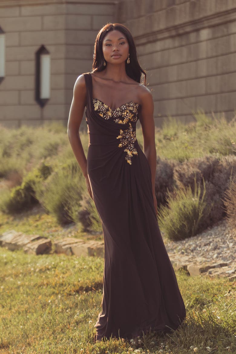 One Shoulder Embellished Jersey Gown, Alternate, color, Chocolate