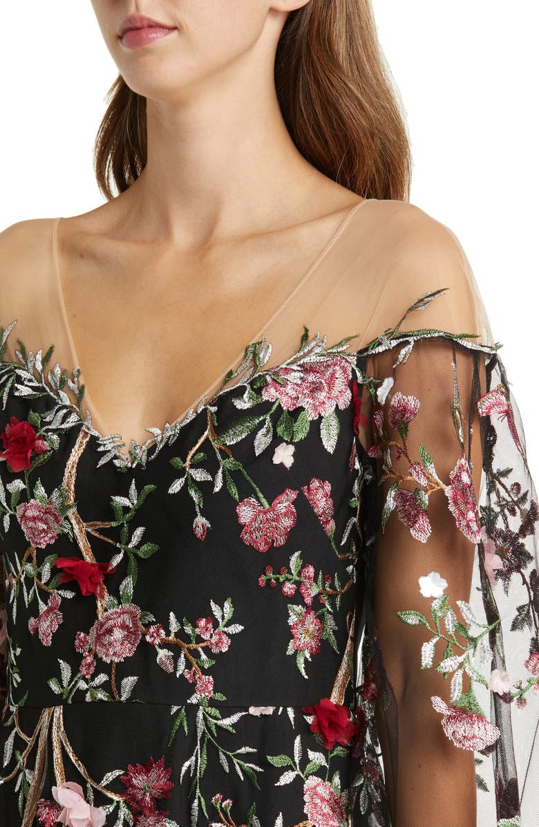 Marchesa Notte Floral Embroidery Long Sleeve Gown, Alternate, color, 