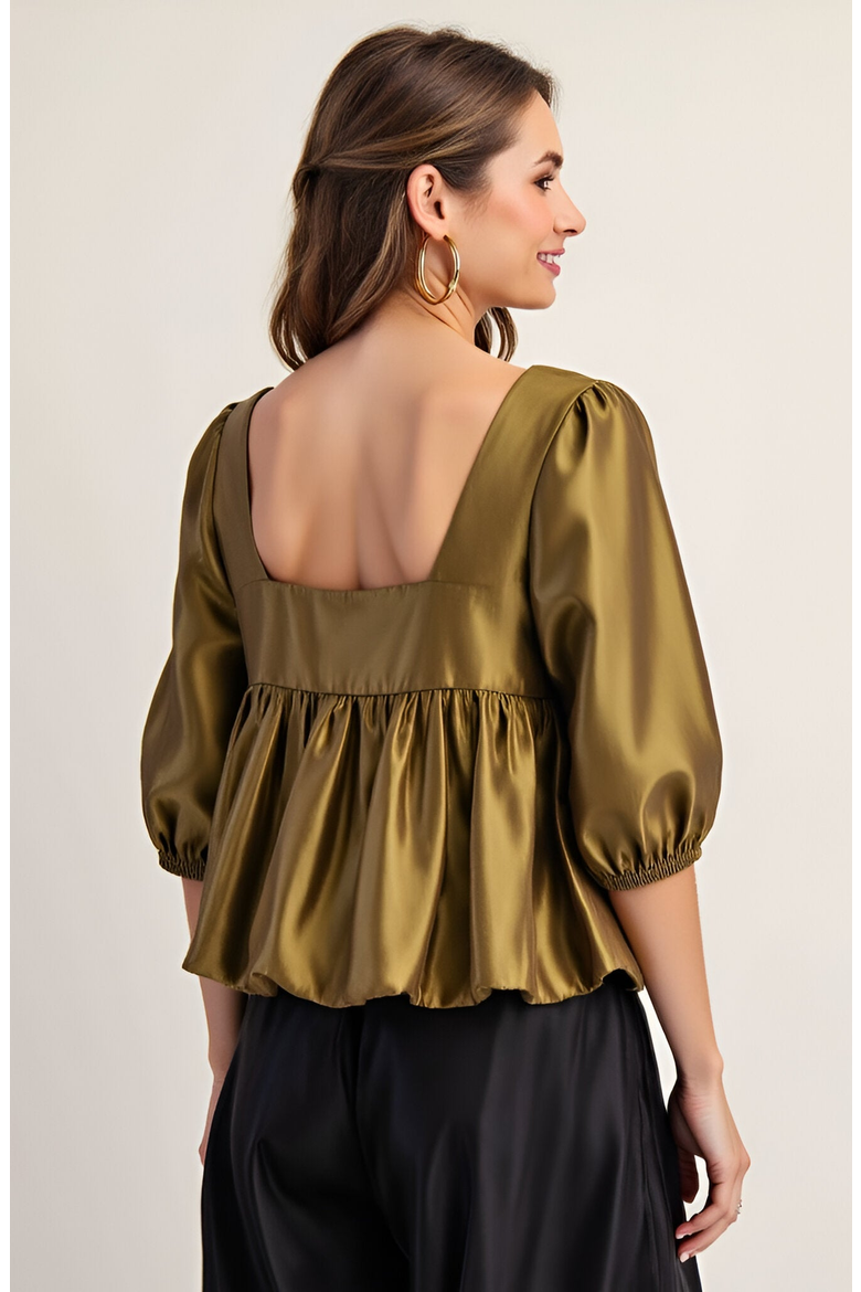Gathered Bubble Hem Puff Sleeve Square Neck Top, Alternate, color, Olive