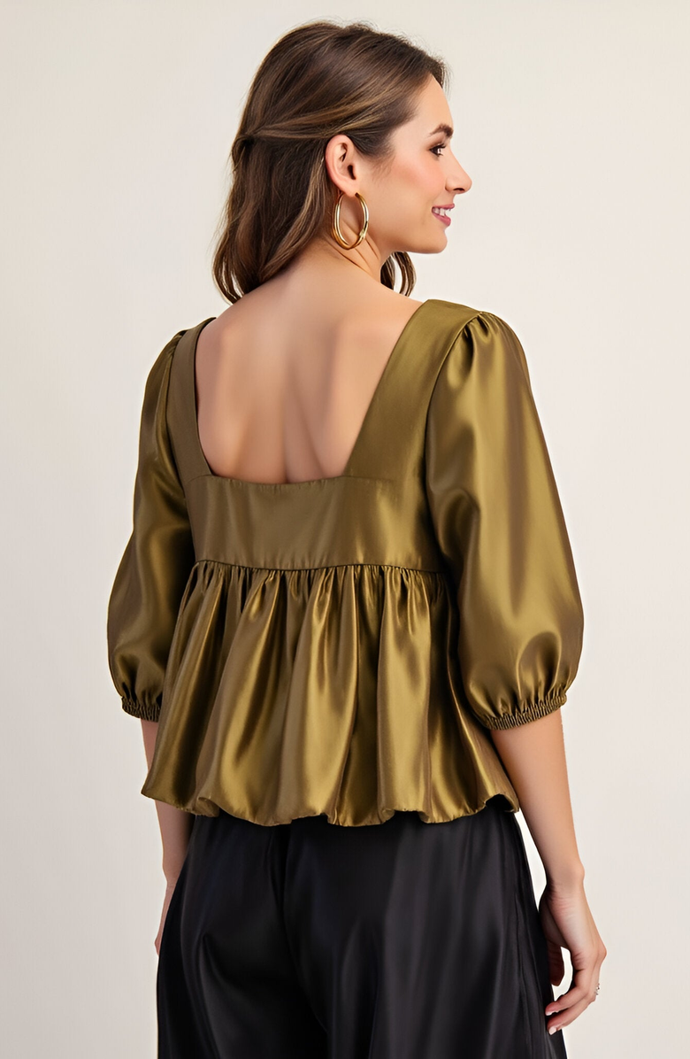 Modenaire Gathered Bubble Hem Puff Sleeve Square Neck Top, Alternate, color, Olive