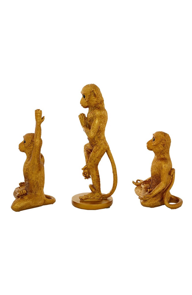 WILLOW ROW Goldtone Polystone Eclectic Monkey Sculpture - Set of 3, Alternate, color, Gold