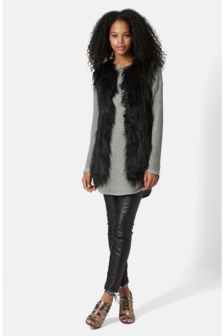 Faux Fur Long Gilet Vest, Alternate, color, BLACK