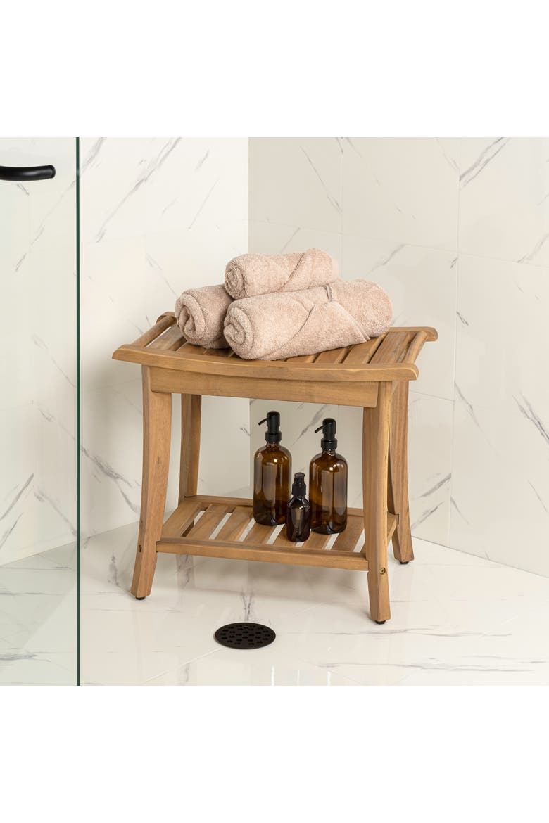 Tucker Modern Acacia Wood Shower Bench with Storage Shelf, Water-Resistant 2-Tier Spa Bath Stool for Bathroom and Outdoor Use, Alternate, color, Light Teak