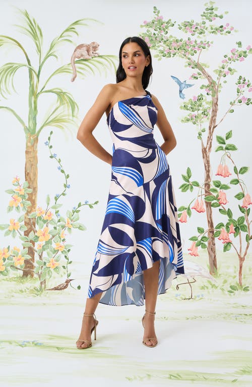 Maggy London Abstract Print Asymmetric Midi Dress In Navy/blush