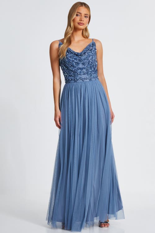 Quiz Cowl Neck Mesh Skirt Maxi Dress In Blue