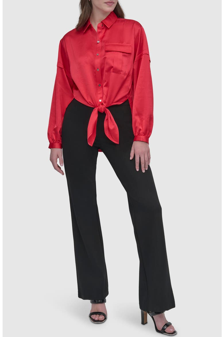 Tie Front Satin Shirt, Alternate, color, WATERMELON