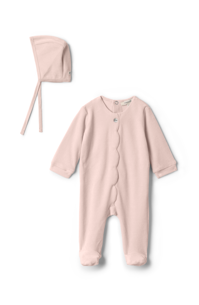 Fragile Girl Cotton Velour Scallop Romper with Bonnet, Main, color, Baby Pink