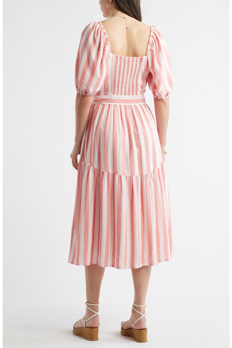 Stripe Puff Sleeve Tiered Midi Dress, Alternate, color, PINK- CORAL CABANA STRIPE