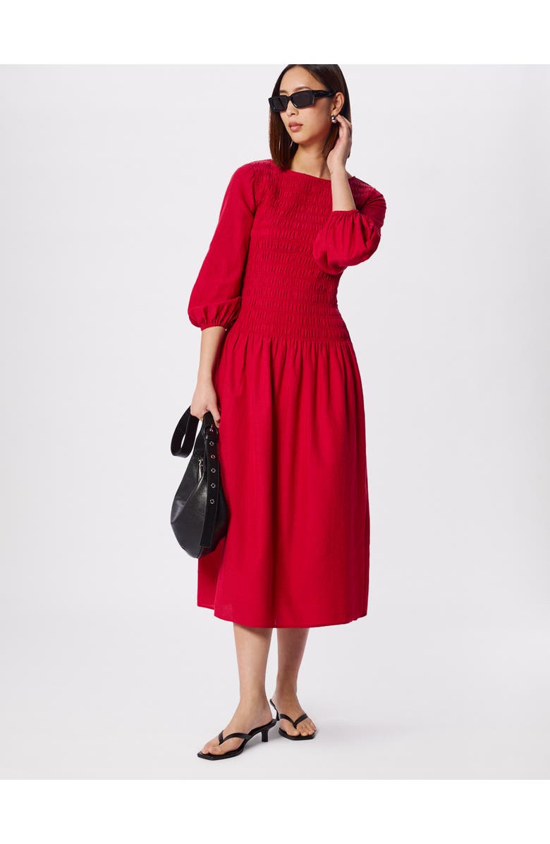 Whistles Smocked Bodice Midi Dress, Main, color, Red