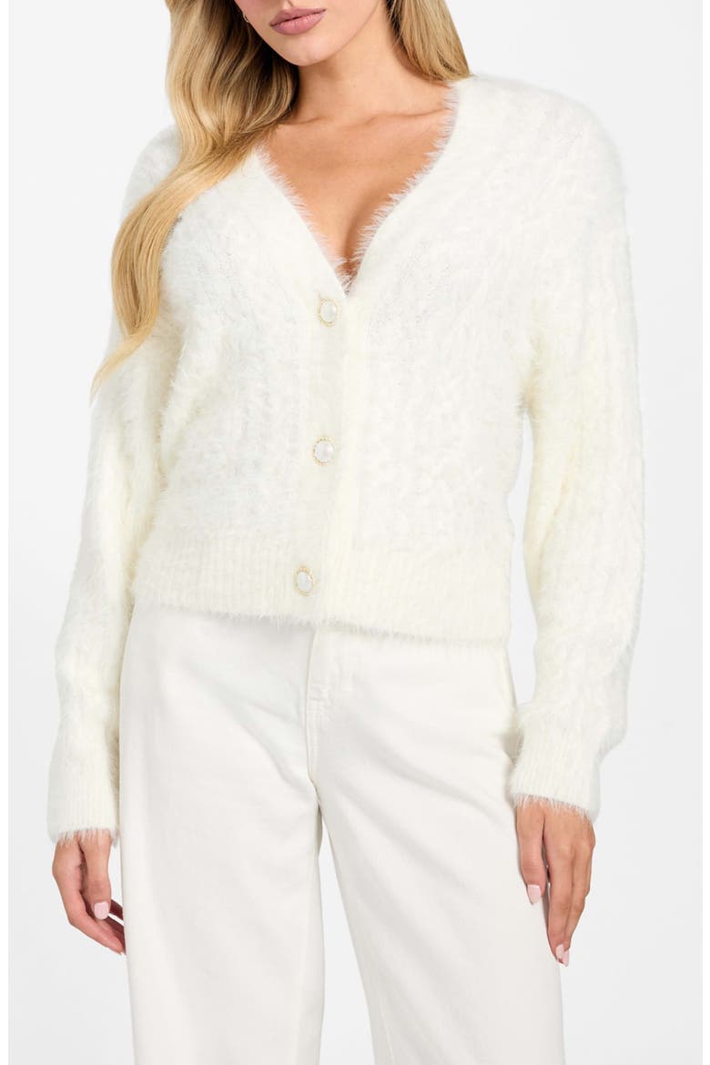 Kinako Pearly Button Fuzzy Cardigan, Main, color, WHITE