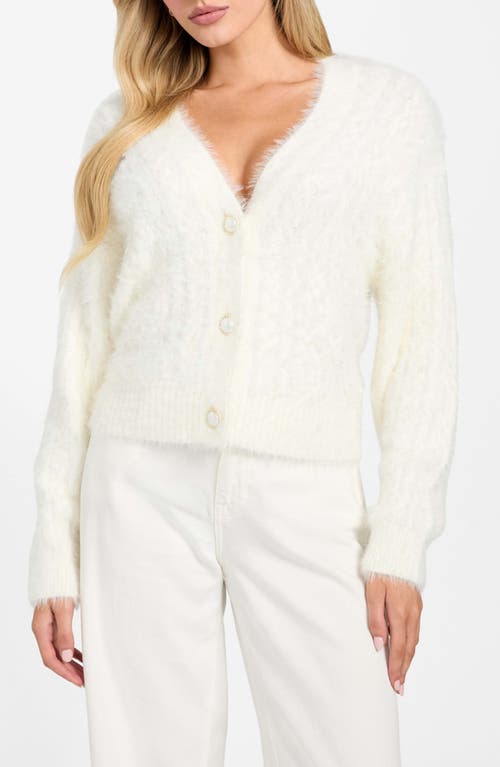 Guess Kinako Pearly Button Fuzzy Cardigan In White