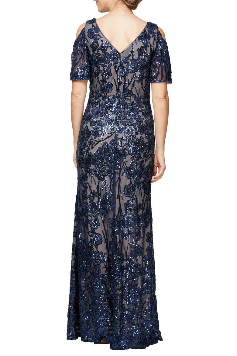 Sequin Lace Cold Shoulder Trumpet Evening Gown, Alternate, color, NAVY/ NUDE