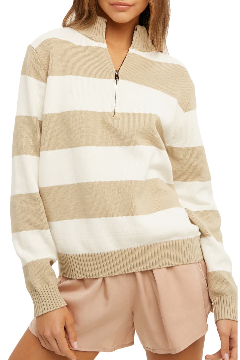 Stripe Half-Zip Pullover Sweater, Main, color, IVORY/ TAUPE