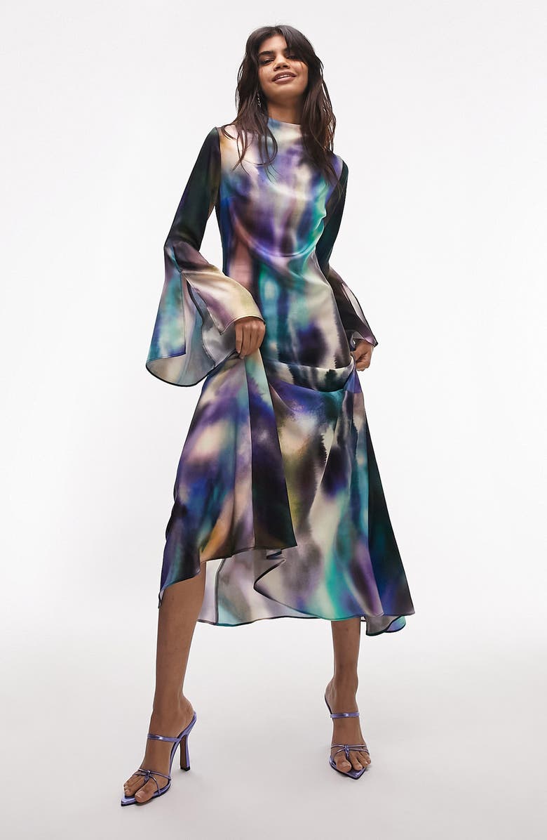 Topshop Long Sleeve Satin Midi Dress, Main, color,