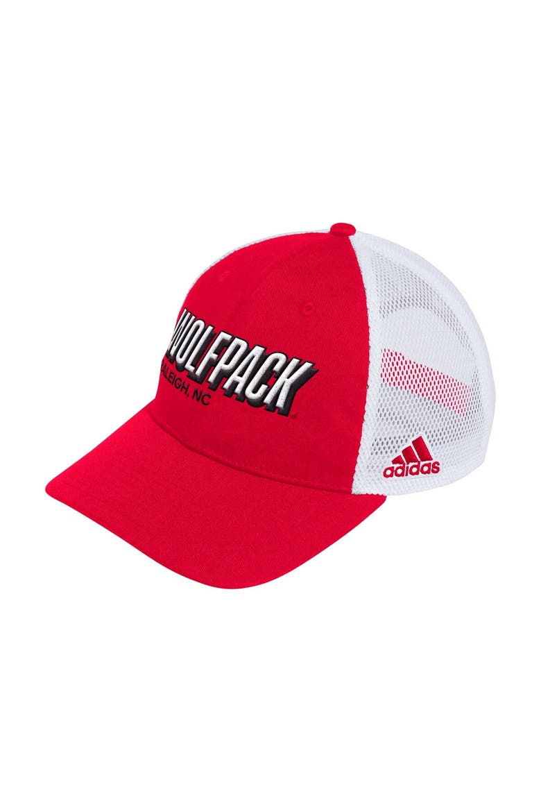 Men's adidas Red NC State Wolfpack Mascot Block Letter Slouch Trucker Adjustable Hat, Main, color, Red