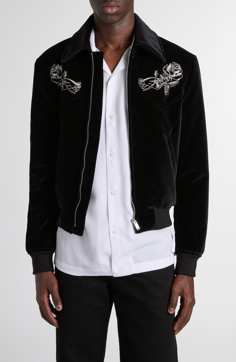 McQueen Soho Embroidered Velveteen Bomber Jacket, Main, color, Black