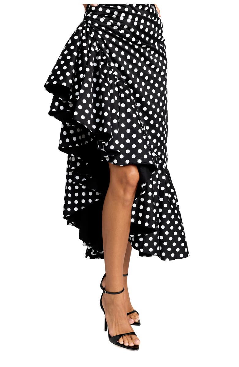 Mac Duggal Sleeveless Polka Dot Midi Dress with Ruffled Hem, Alternate, color, Black Ivory