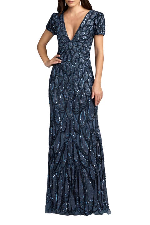 Beaded Embellished V Neck Cap Sleeve Column Gown