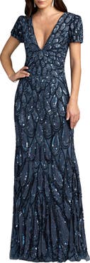 Mac Duggal Beaded Embellished V Neck Cap Sleeve Column Gown