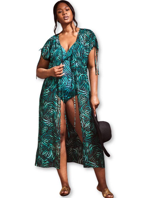 Live Unlimited Abstract Drawstring Shoulder Kimono In Blue