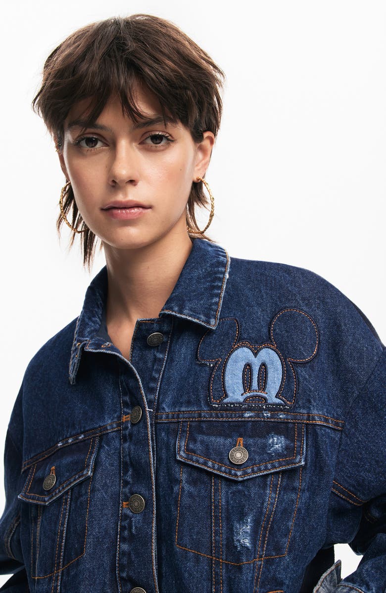 Desigual Mickey Mouse Metallic Graphic Denim Trucker Jacket, Alternate, color,