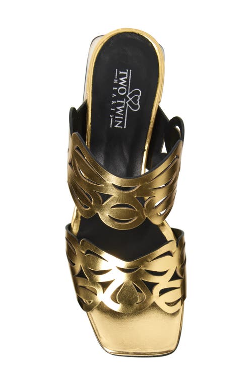 2 Twin Hearts Laser Cutout Slide Sandal In Gold Metallic