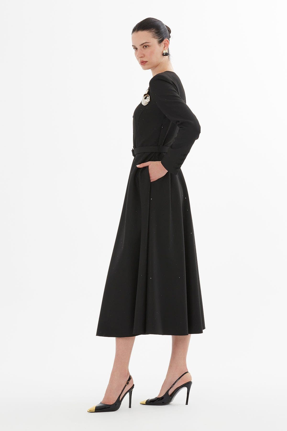 Buttoned Midi Dress with Brooch - image 2