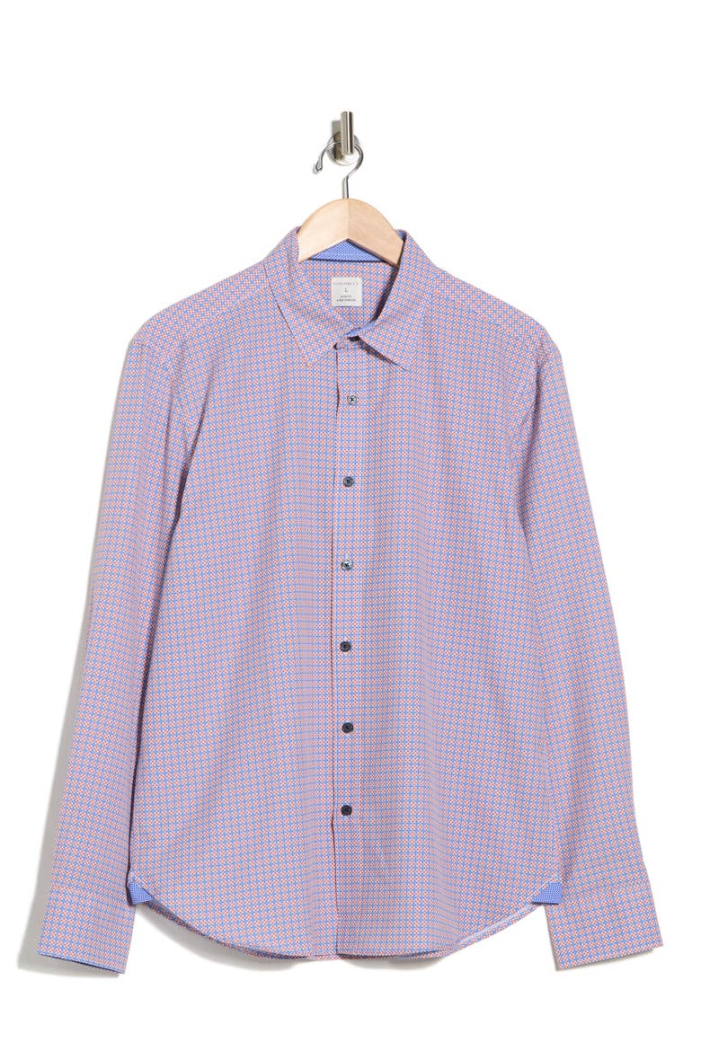 Slim Fit Geometric Cross 4-Way Stretch Performance Button-Up Shirt, Alternate, color, ORANGE/ BLUE