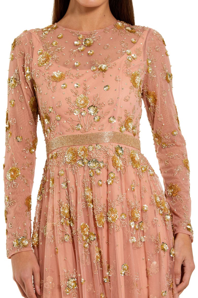 Beige Beaded Long Sleeve A Line Midi Dress, Alternate, color, Peach