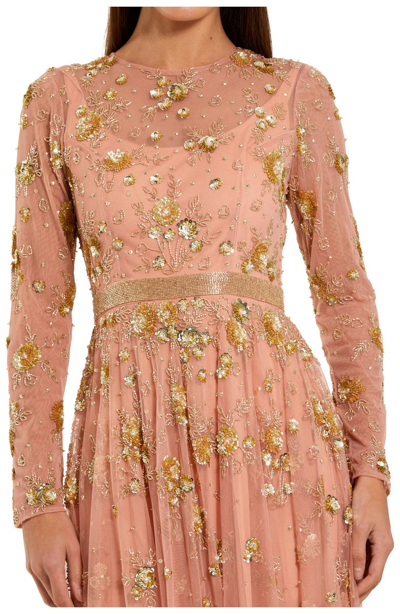 Mac Duggal Beige Beaded Long Sleeve A Line Midi Dress, Alternate, color, Peach