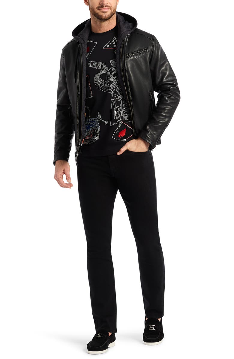 Robert Graham Cedro Leather Moto Jacket with Removable Quilted Bib, Alternate, color, Black